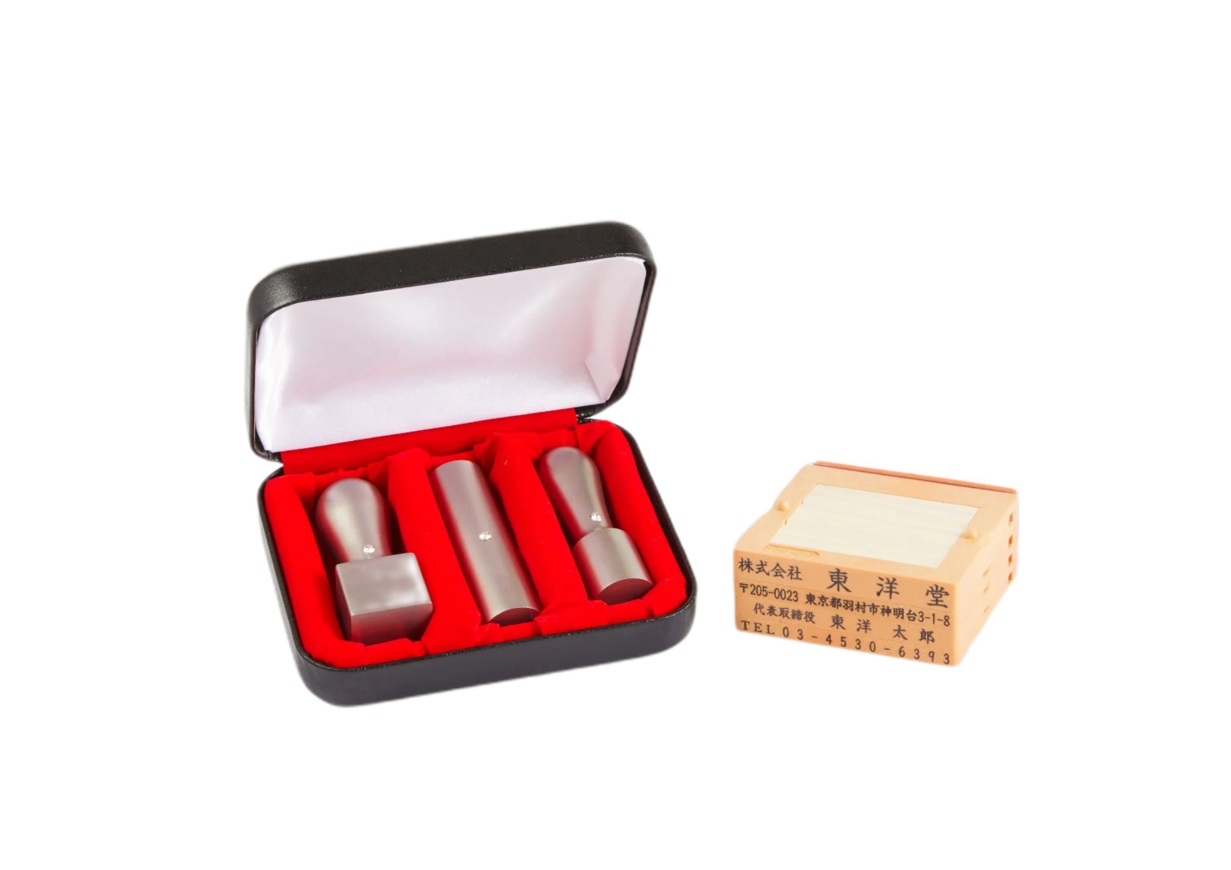 【ブラストチタン シルバー Aセット ゴム印3~5行 印鑑ケース付】 実印（天丸） 銀行印（丸棒） 認印（角印） 3本セット