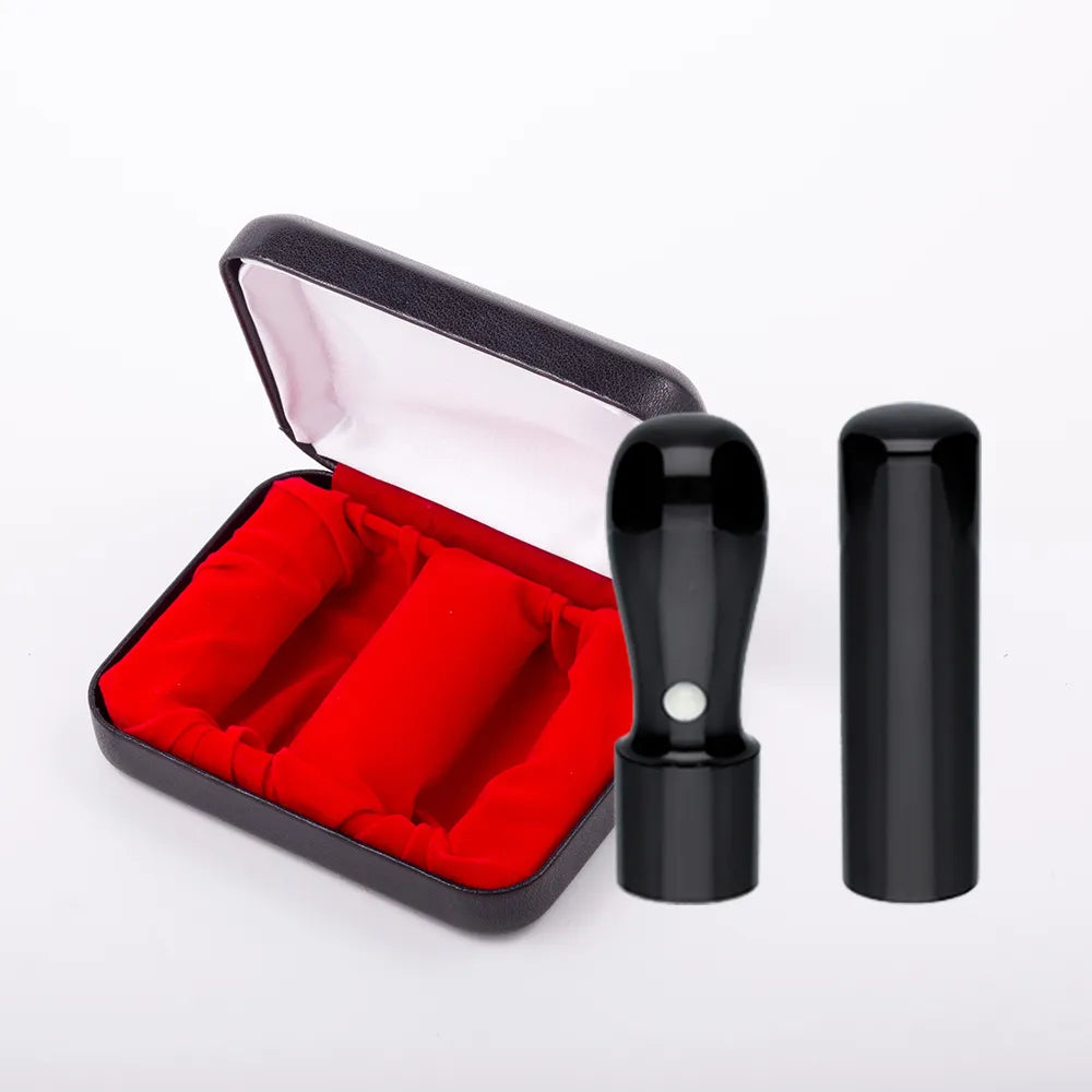 【法人印鑑2本セット】 黒水牛 実印（天丸 18mm） 銀行印（丸棒 16.5mm） 印鑑ケース付